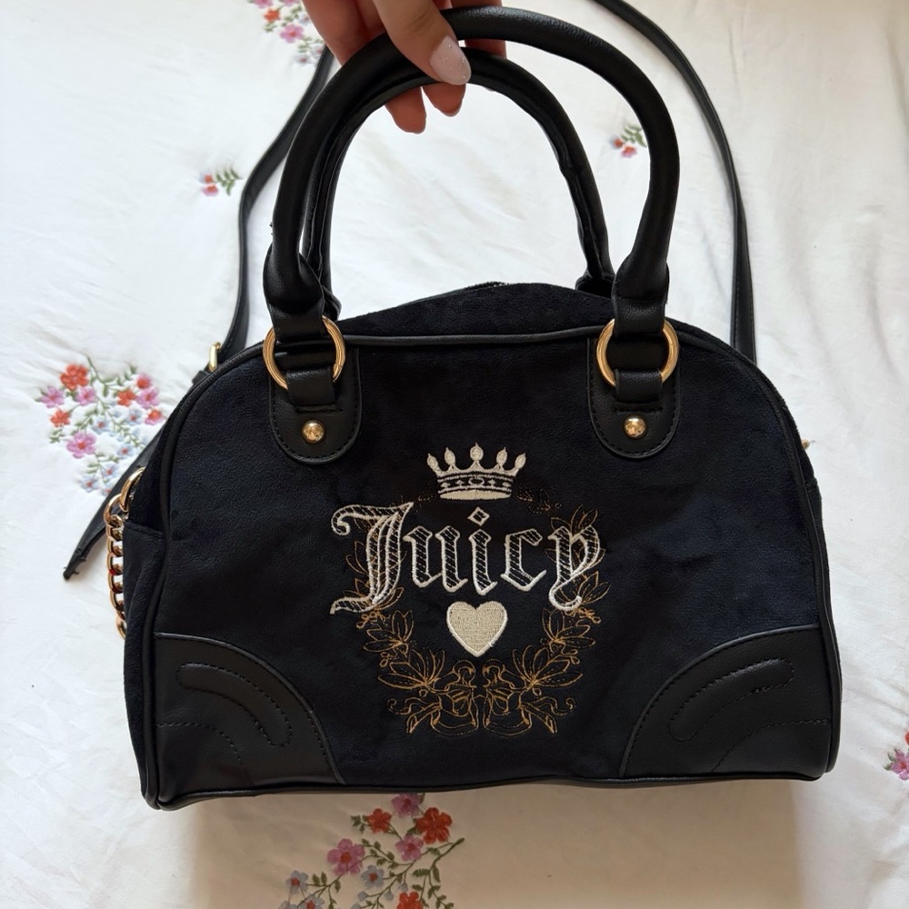 Juicy Couture Black Satchel with Gold Embroidered Crest